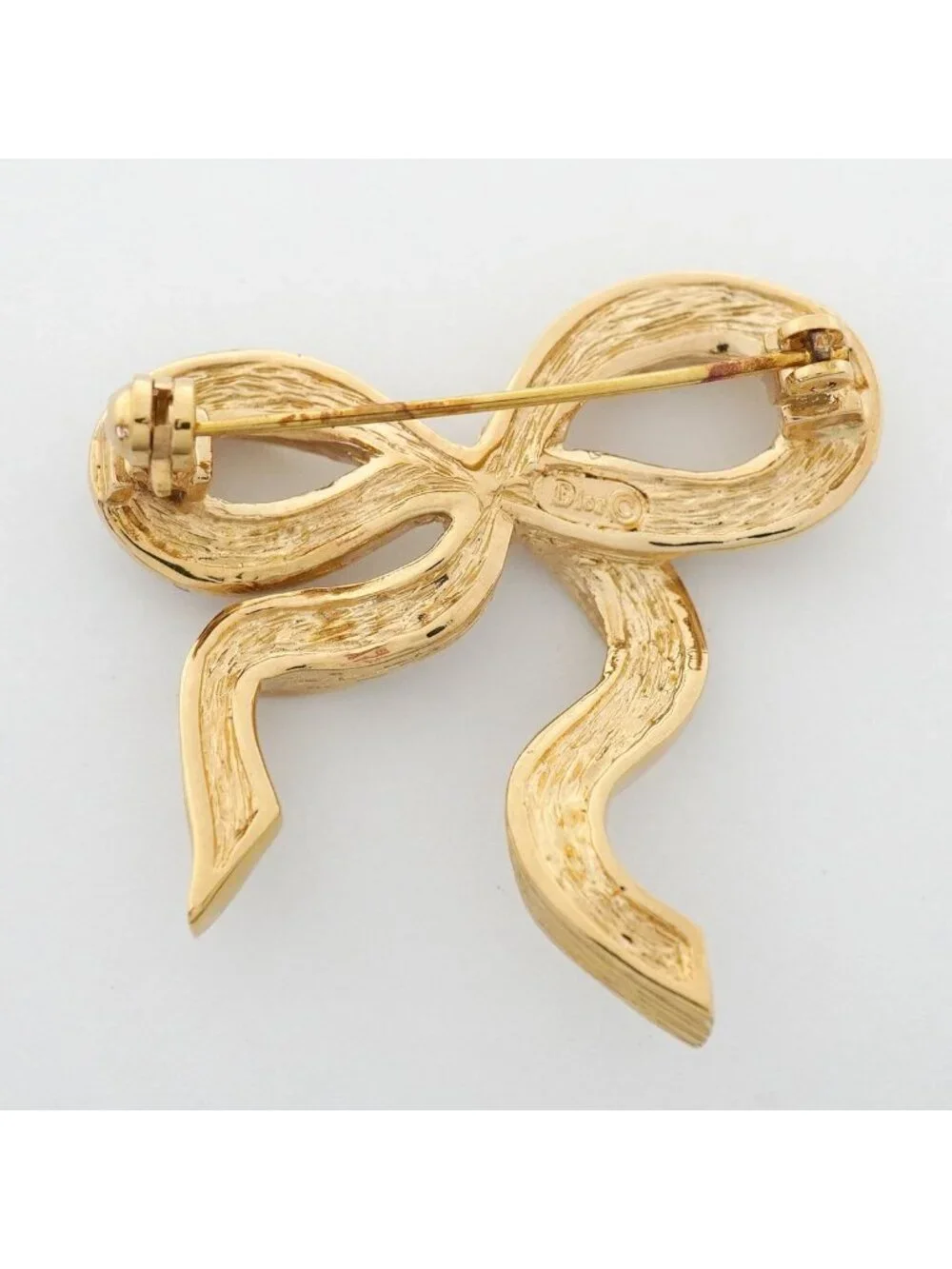 Dior Brooch Ribbon Motif Gold Plated Rhinestone